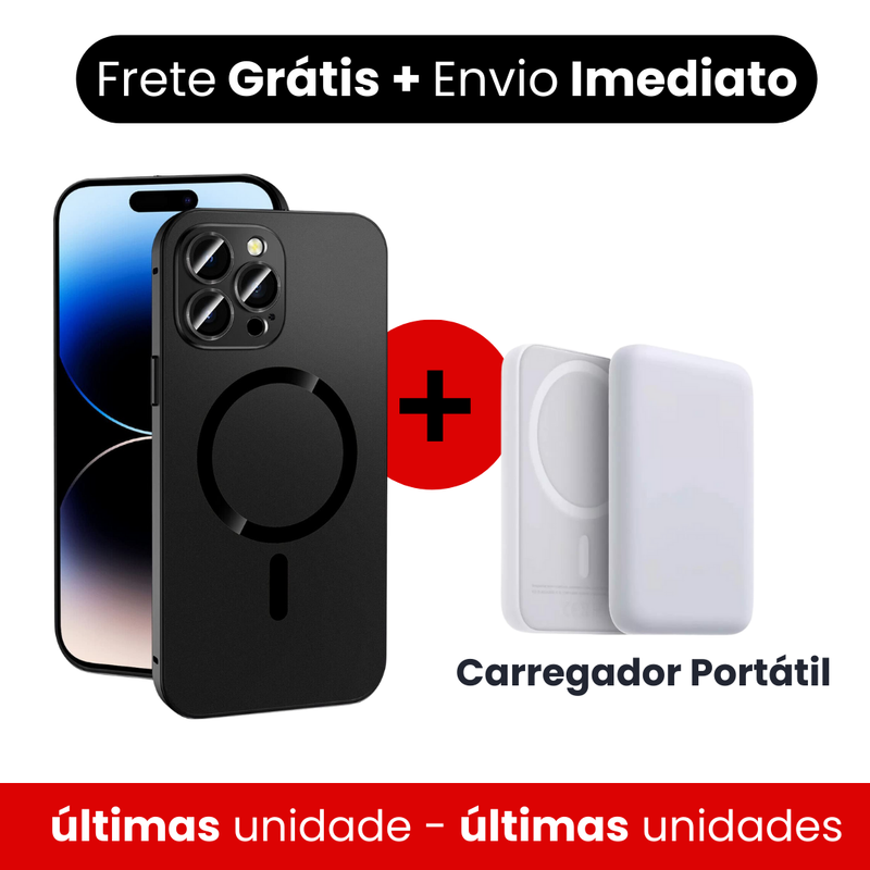 Capa fosca  metálico de alumínio e carregamento magnético para iPhone + Carregador Portátil de brinde