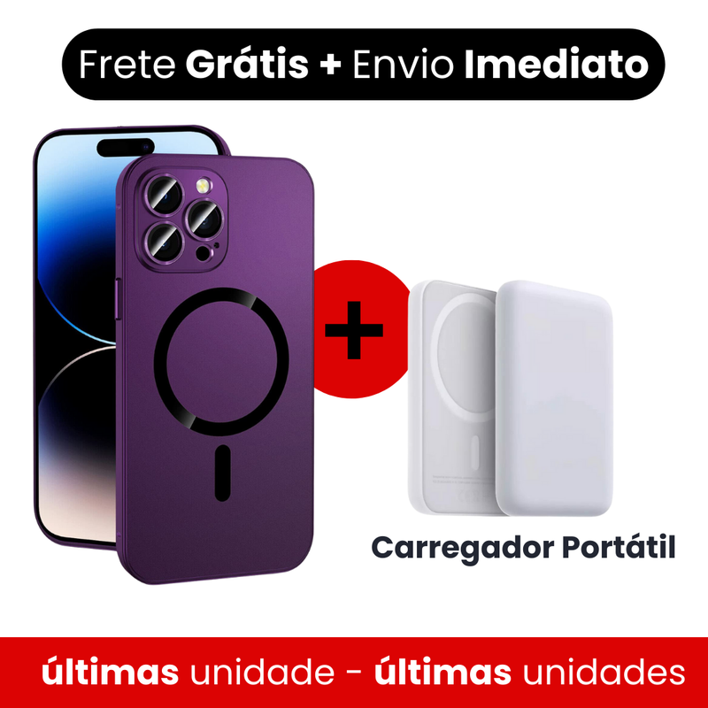 Capa fosca  metálico de alumínio e carregamento magnético para iPhone + Carregador Portátil de brinde