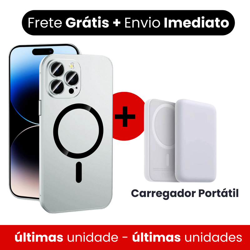 Capa fosca  metálico de alumínio e carregamento magnético para iPhone + Carregador Portátil de brinde