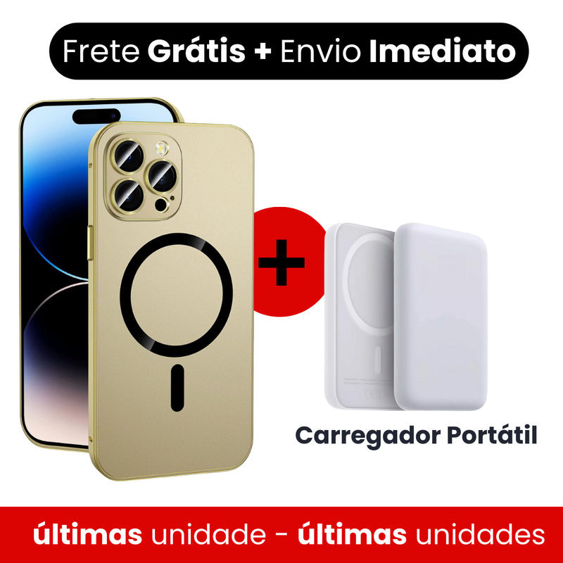 Capa fosca  metálico de alumínio e carregamento magnético para iPhone + Carregador Portátil de brinde