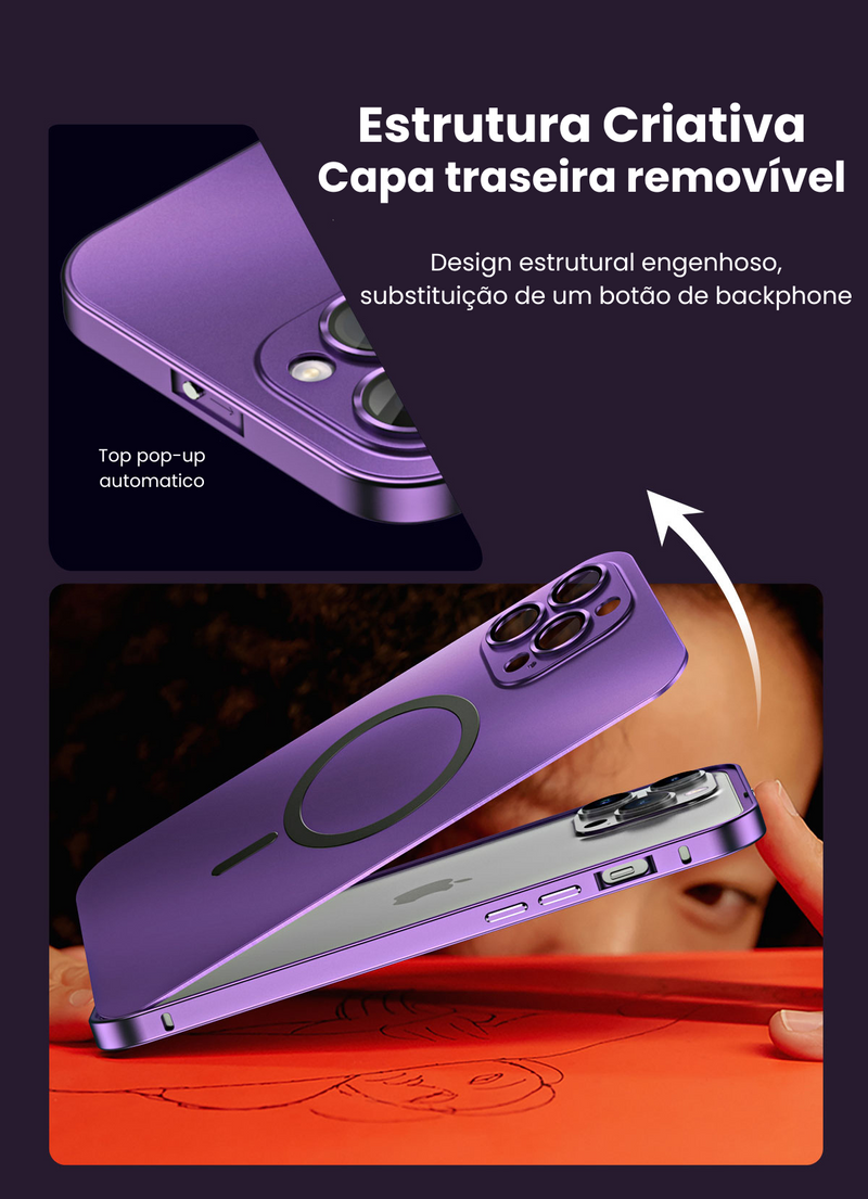 Capa fosca  metálico de alumínio e carregamento magnético para iPhone + Carregador Portátil de brinde