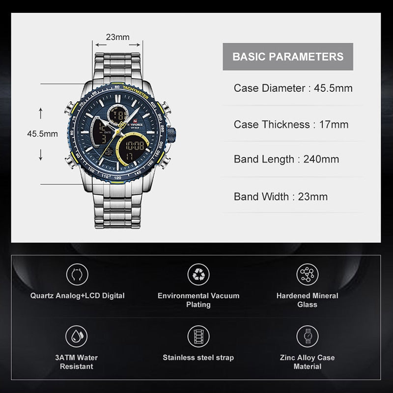 Relógio Masculino Naviforce Luminoso Dual Display Cronógrafos Digitais