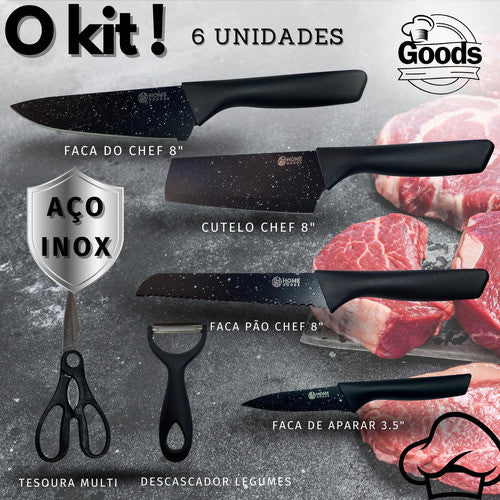 Jogo De Facas Faqueiro Inox Faca Preta 6 Peças Profissional Luxo Conjunto facas Cutelo Kit Churrasco